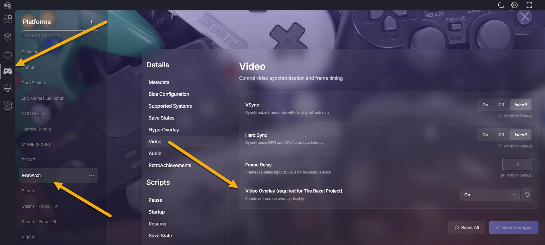 RetroArch Video Overlay setting in emulator details
